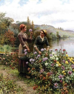  Knight Malerei - Bauer Mädchen im Blumen Garten Landfrau Daniel Ridgway Knight